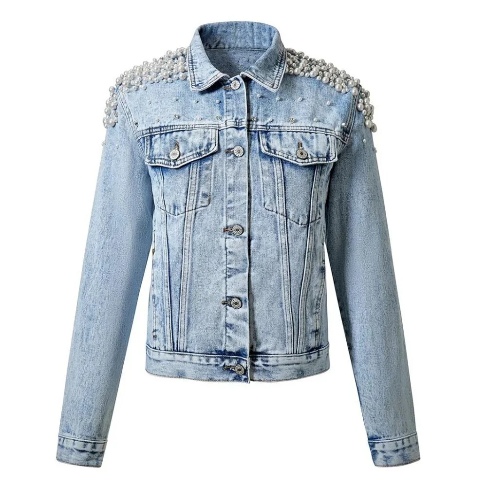 Pearls Beaded Denim Jacket - Picture 1 of 9